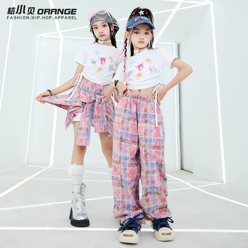 女童短袖爵士舞服装白色嘻哈jazz走秀街舞潮服六一儿童演出表演服