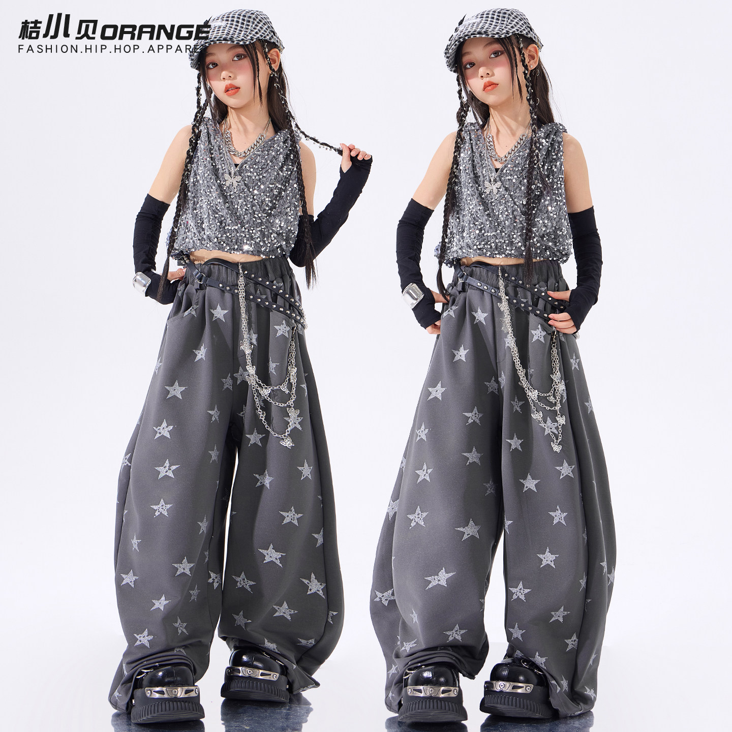 爵士舞女童服装表演服银色连帽背心套装韩版时髦jazz走秀舞蹈服女