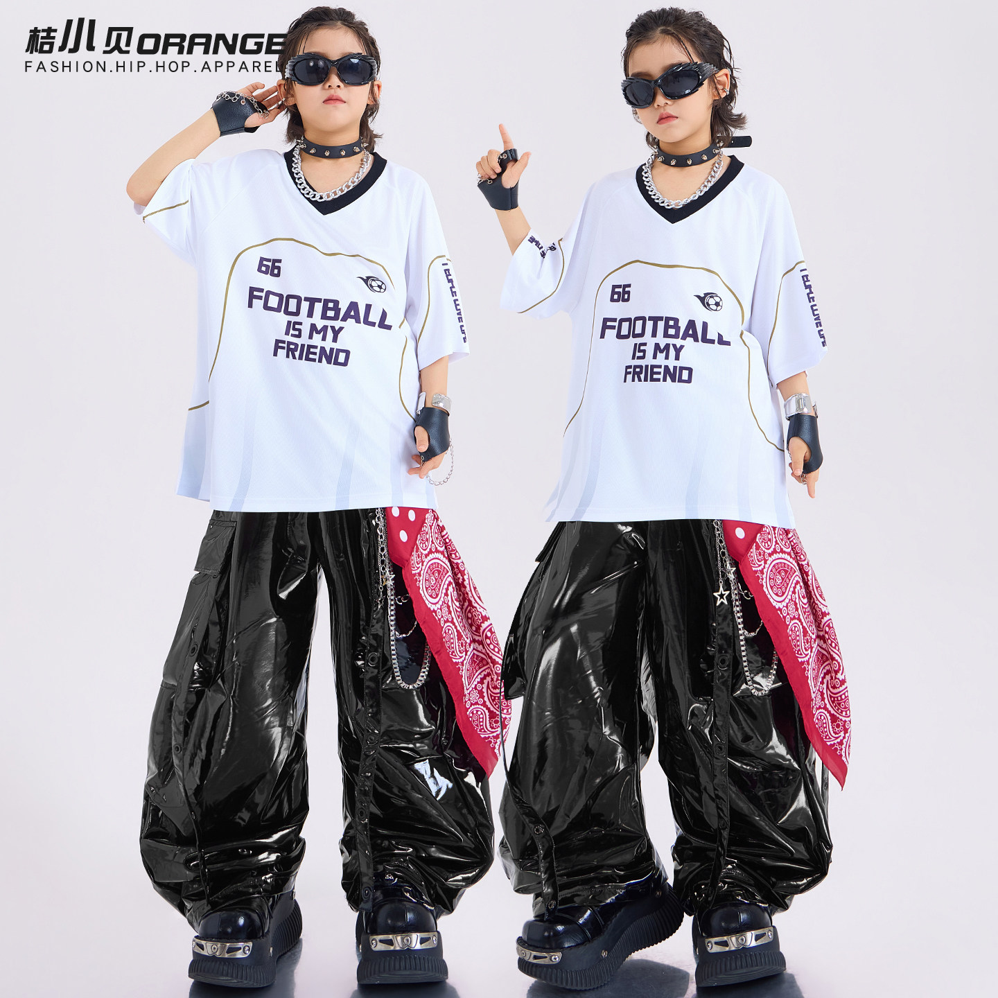 街舞儿童潮服男童嘻哈 短袖皮裤套装少儿hiphop酷帅走秀演出服女