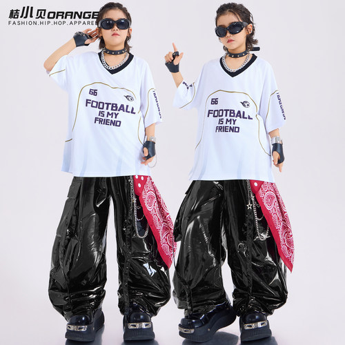街舞儿童潮服男童嘻哈 短袖皮裤套装少儿hiphop酷帅走秀演出服女