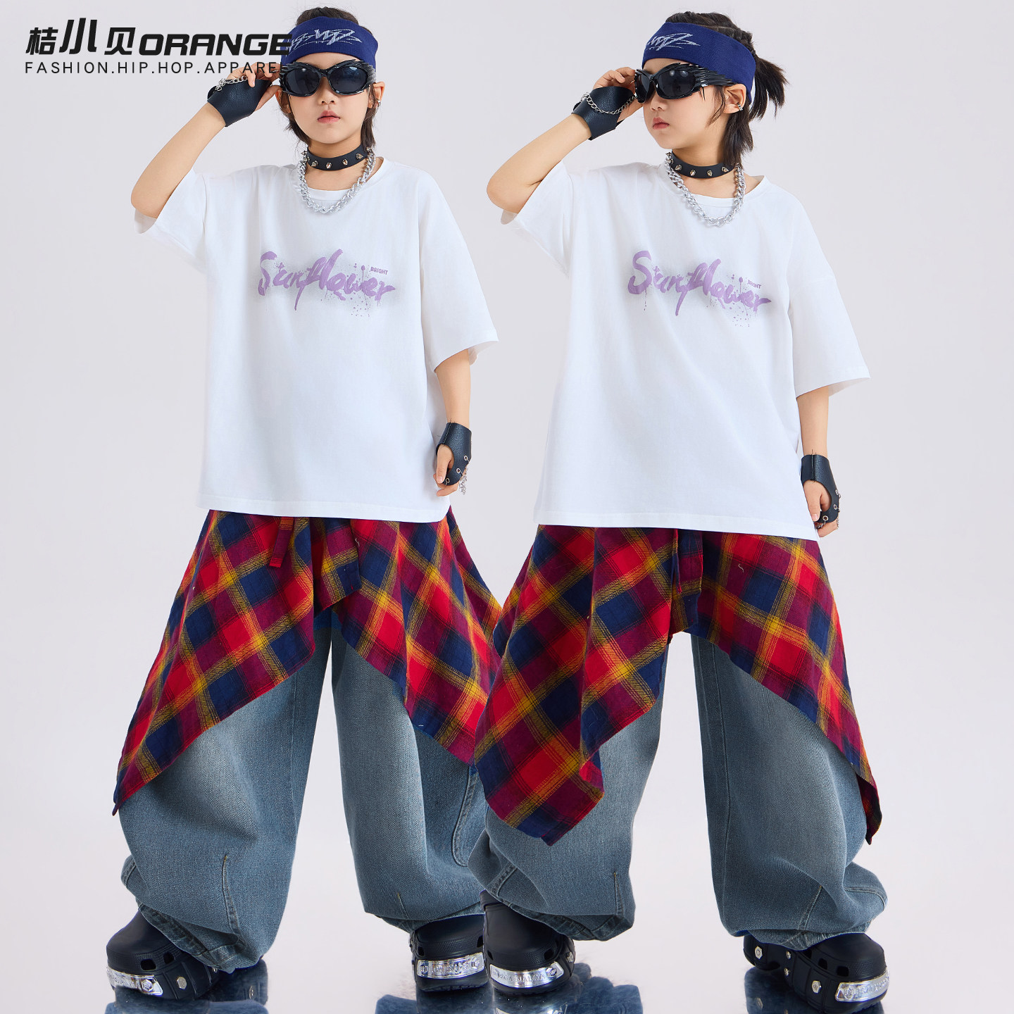 街舞儿童潮服hiphop白色短袖套装男童架子鼓演出服夏季女童表演服