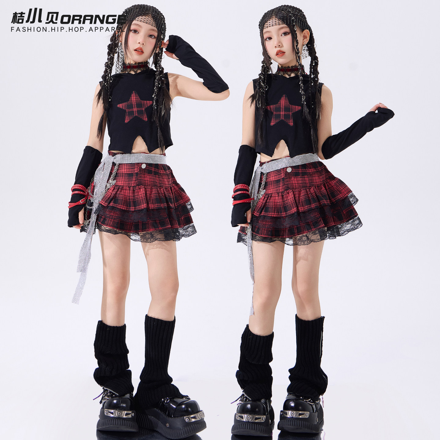 儿童爵士舞服装露脐黑红色套装jazz女孩走秀嘻哈街舞潮服演出服夏