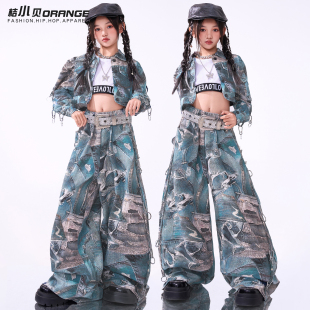 练功儿童街舞潮服女团 jazz舞蹈服装 舞蹈服爵士舞女童服装 蓝色套装