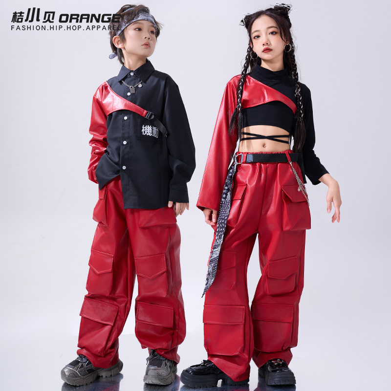 街舞儿童潮服男童红色喜庆走秀儿童表演服炸街酷帅爵士舞服装女童