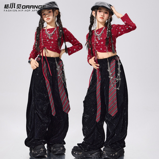 旦演出服 元 女童爵士舞服装 jazz穿搭模特走秀潮酷时髦红色上衣套装