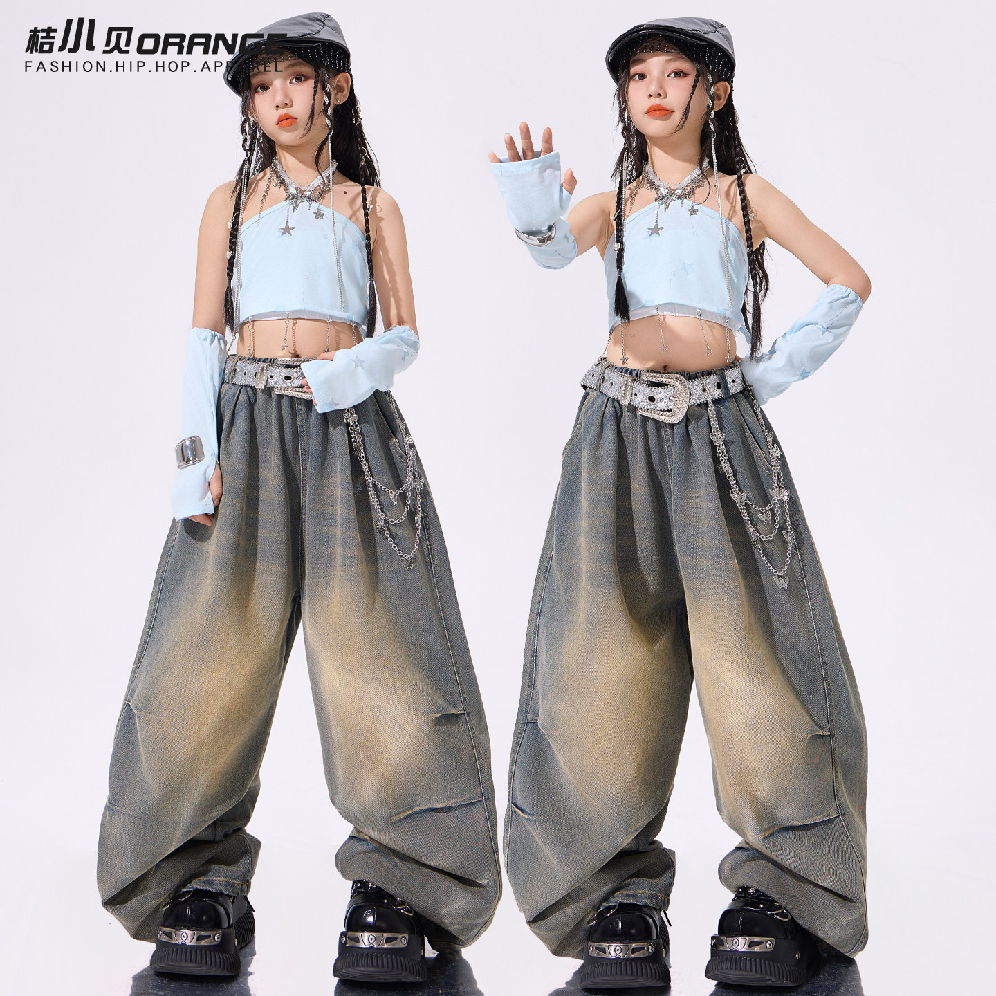 爵士舞女童服装蓝色背心夏季表演服套装韩版时髦jazz走秀舞蹈服女