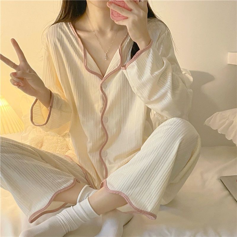ins简约长袖长裤睡衣女春秋韩版少女纯色甜美开衫网红家居服套装