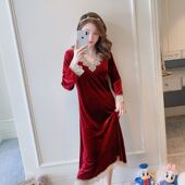 奢华秋冬 蕾丝花边睡衣女春中长款 大码 睡裙金丝绒性感V领长裙长袖