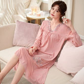 高档莫代尔睡裙女秋冬棉质中长款 睡衣裙妈妈可外穿夏 过膝女士长袖