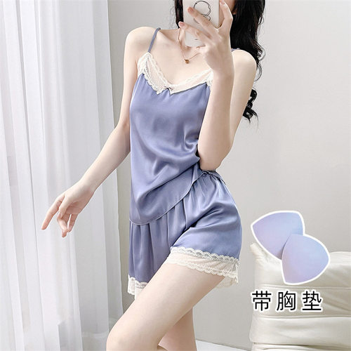 睡衣女夏季冰丝薄款性感吊带短裤纯欲风蕾丝带胸垫家居服两件套
