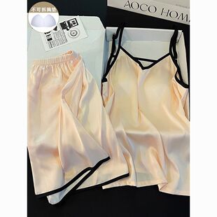 夏季杏色2024新款冰丝睡衣女吊带短裤凉感简约女士休闲家居服套装