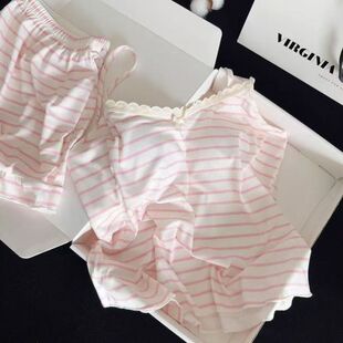 睡衣女夏季 套装 两件套 条纹纯欲吊带舒适亲肤可外穿短裤 甜美少女款