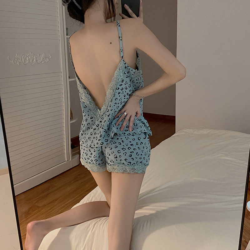 吊带性感豹纹露背睡衣女夏季无袖高级感冰丝薄款ins家居服套装夏