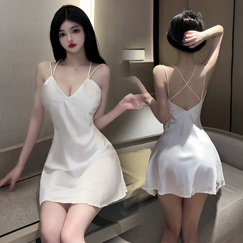 亲肤舒适~冰丝纯加肥宽松夏睡衣女性感侧开叉家居服仿真丝睡裙女