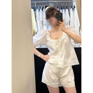 套装 居家服荷叶边短裤 睡衣女士夏季 2025年白色少女甜美公主风短袖