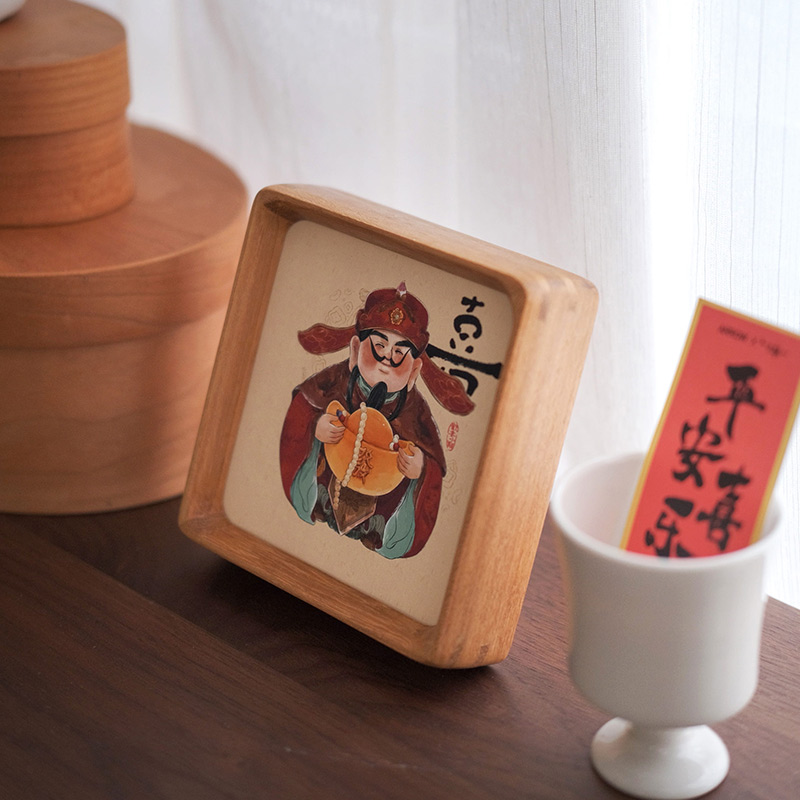 五路财神爷实木摆台2025带照片小相框创意办公室桌面装饰画摆件