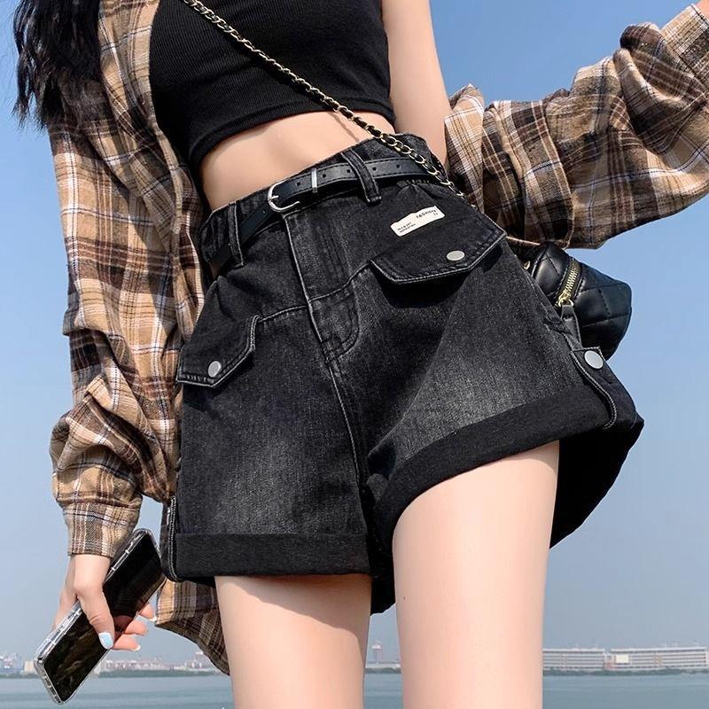 黑色牛仔短裤女夏季薄款2026新款设计感高腰卷边a字阔腿辣妹热裤