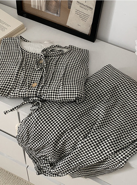 韩系撞色格子睡衣女春秋季新款甜美简约长袖长裤家居服套装可外穿