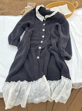 小众ins风 甜美睡裙女款秋冬季新款长袖加绒加厚大码保暖家居服女