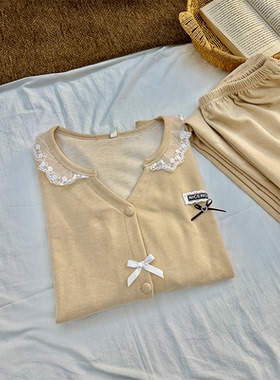 韩版杏色蝴蝶结设计睡衣女秋冬2025新款开衫保暖羊绒两件套家居服