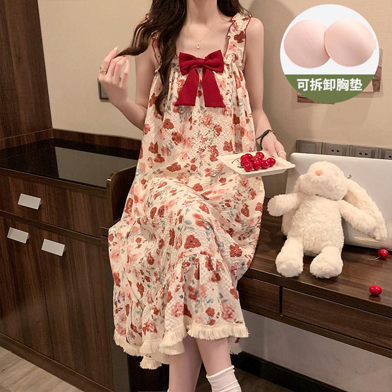 碎花复古风带胸垫吊带睡裙女款夏季天中长款甜美2025新款孕妇睡衣