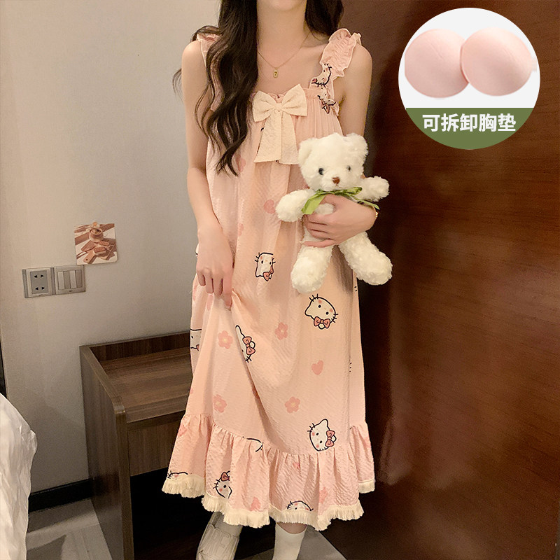 粉色甜美风带胸垫吊带睡裙女款夏季泡泡棉2025新款夏天孕妇睡衣裙