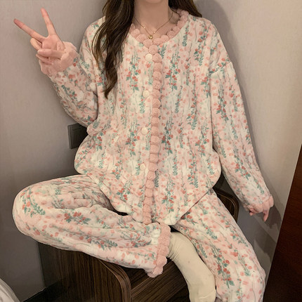碎花复古法兰绒睡衣女款冬季2025新款加绒加厚珊瑚绒秋冬款家居服