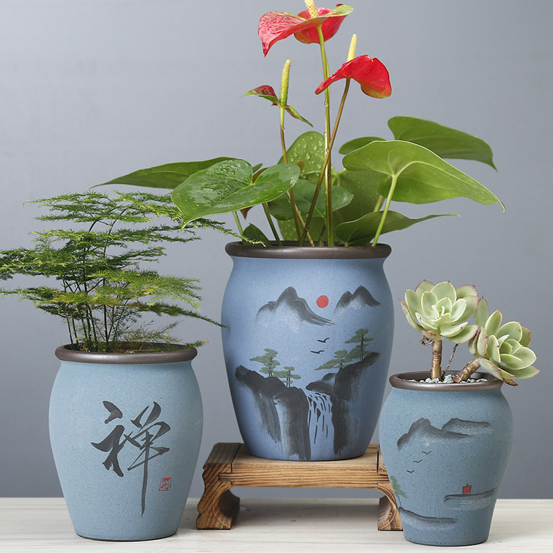 手绘绿植红掌多肉花盆陶瓷老桩大小口径高盆特价清仓简约粗陶透气