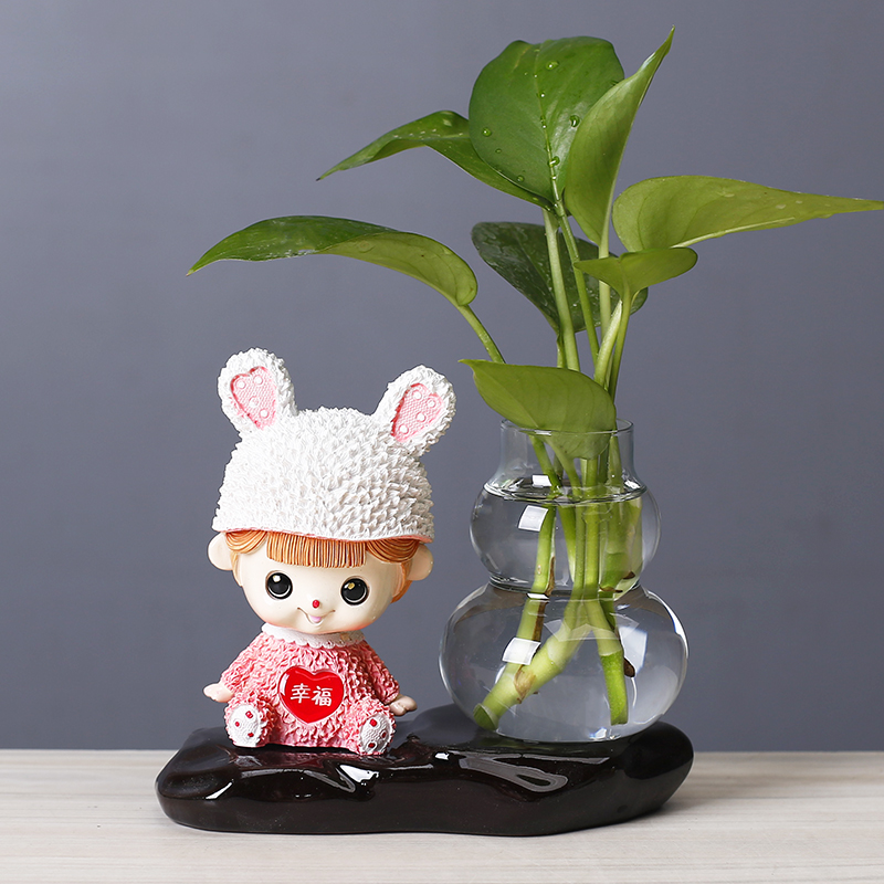 卡通水培花瓶桌面小摆件客厅插花绿萝铜钱草水养绿植物玻璃器皿