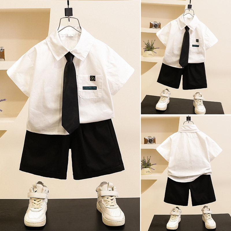 衬衫夏季学院风白男2025夏装宝宝套装新款男宝两件套薄短袖款童童图片