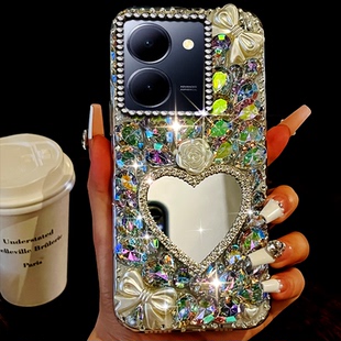 高端满钻带镜子适用vivoY78手机壳外壳X21后置指纹/2026年Y50M高级感Y300镶钻Y33s小众Y200防摔y52s女款Y35+