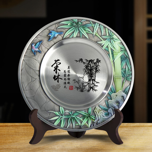 光荣退休珐琅彩纯锡盘金属奖盘定制纪念品摆件送教师员工荣休礼物