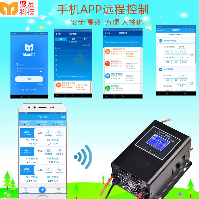 MPPT太阳能控制器12V24V48V-96V铅锂电池20/30-60A充电器远程监控