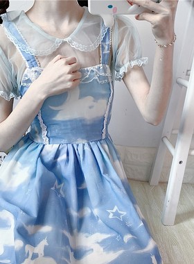 夏l季loita娃娃领泡泡袖洛丽塔网纱内搭短袖雪纺蕾丝衫衬衫女上衣