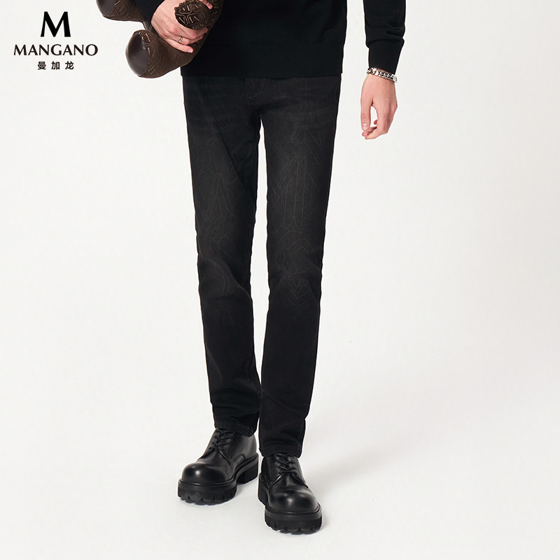 mangano黑色水洗牛仔裤男