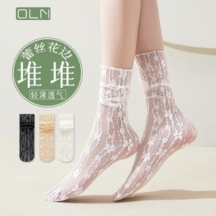 白色堆堆袜子女夏季 黑色ins潮公主袜 薄款 蕾丝花朵中筒袜配小皮鞋