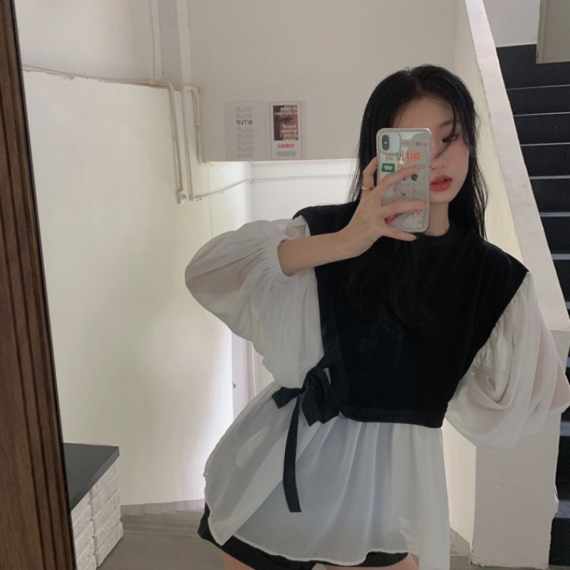 假两件设计感拼接网纱泡泡袖衬衫女2020早秋新款洋气百搭长袖上衣|msdalam kategori Butik wanita / wanita, shirt - dari Buy2taobao.com untuk memberikan perkhidmatan ejen Taobao profesional membeli