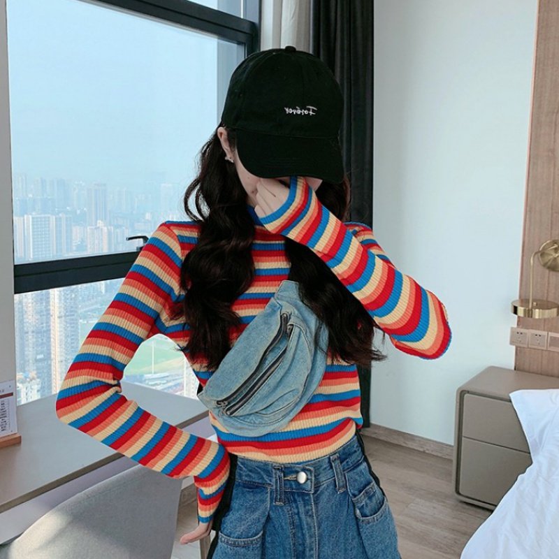 2019新款秋装韩版高领薄款外搭套头针织衫女修身短款长袖条纹上衣|msdalam kategori Pakaian Lelaki, seluar santai - dari Buy2taobao.com untuk memberikan perkhidmatan ejen Taobao profesional membeli