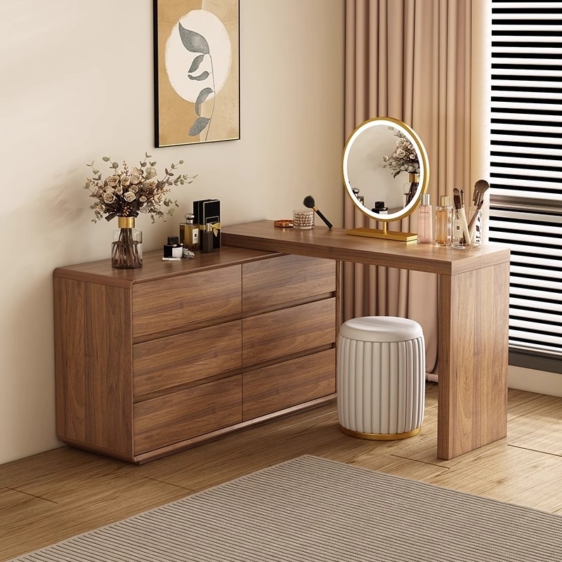 欧雅逸家实木梳妆台三六九斗柜一体卧室现代简约伸缩化妆桌转角书