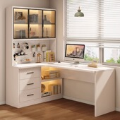 百思宜实木书桌书柜一体转角学生家用学习桌子卧室组合台式 电脑桌