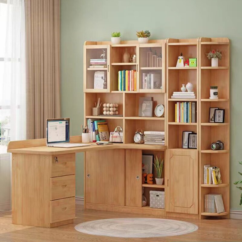 艾比森实木转角书桌书架一体组合学生儿童学习卧室书房办公台式桌