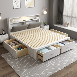 云羽白色2米x2米实木床现代简约两米二主卧大床北欧高箱储物双人