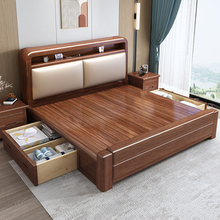 雅麦嘉中式加厚胡桃木实木床1.8米双人床现代简约软包1.5米收纳床