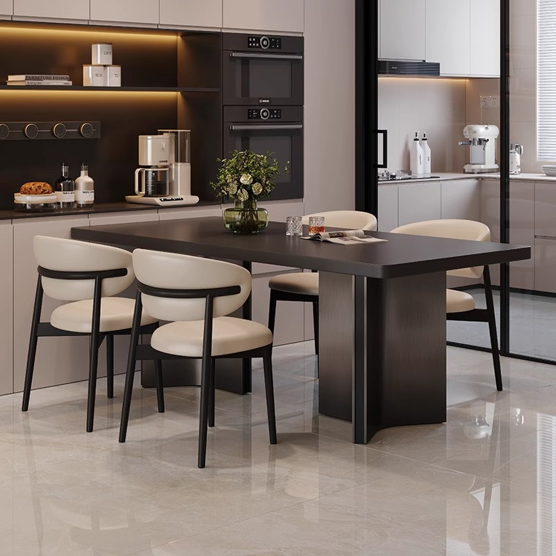 圣柏域意式极简纯黑下挂加厚现代简约高级感长方形岩板餐桌椅组合