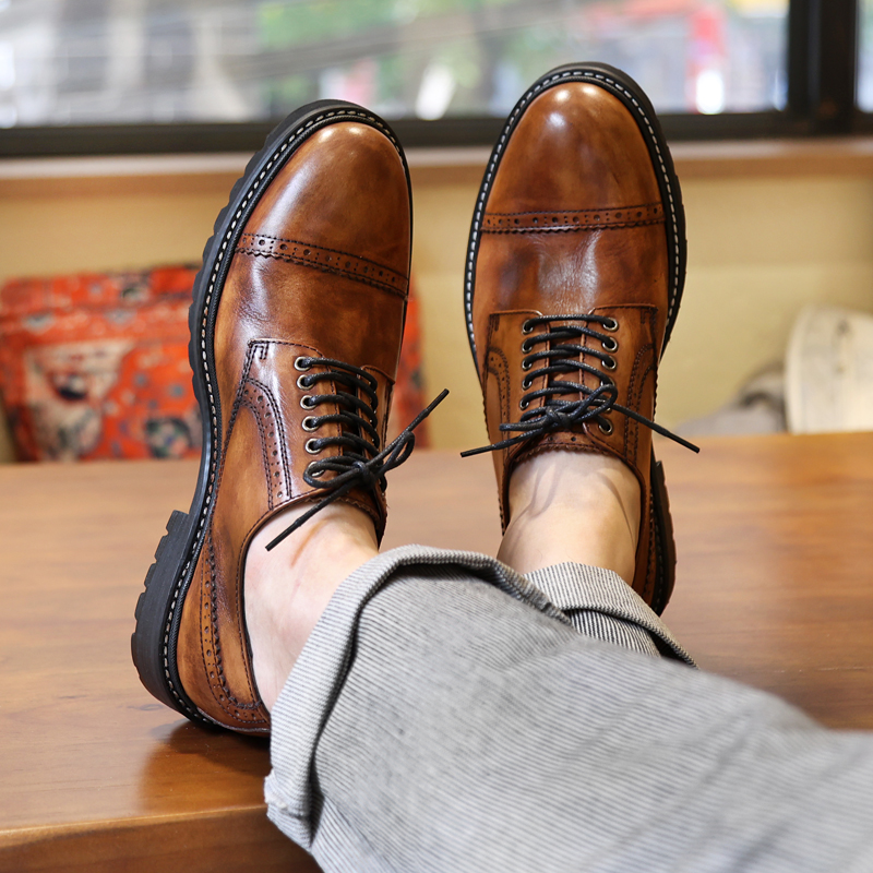 SYD英伦风复古工装鞋男手工擦色皮I鞋美式做旧休闲皮鞋大头鞋