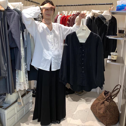 一勺甜 hers高品质v领绑带小衫女2025秋季宽松显瘦衬衫上衣92245