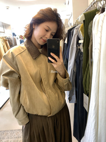 Hers雅痞老领口拼接麂皮短外套女