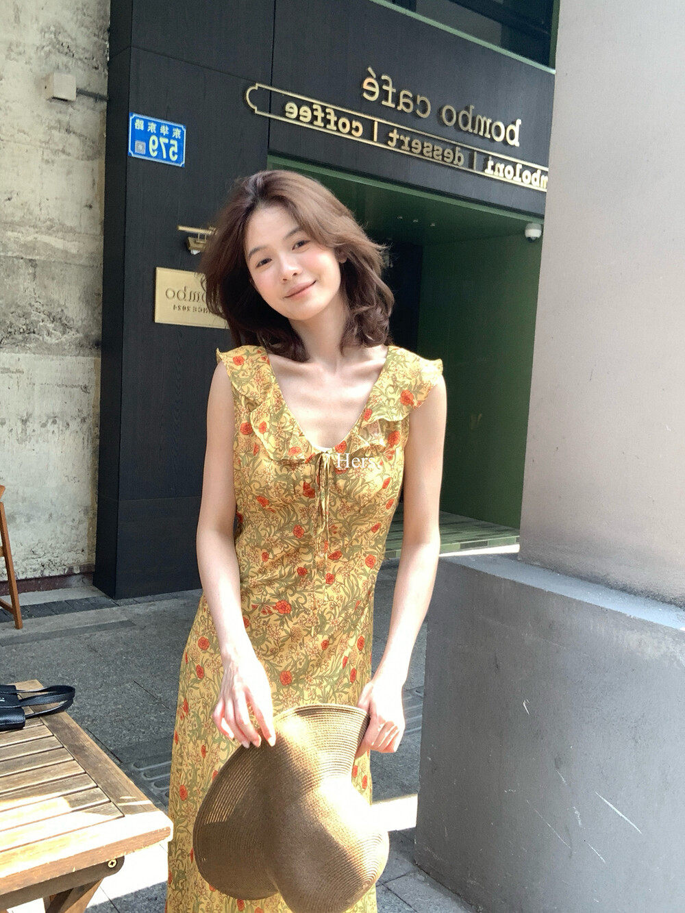 Hers法式小众花色长款连衣裙女