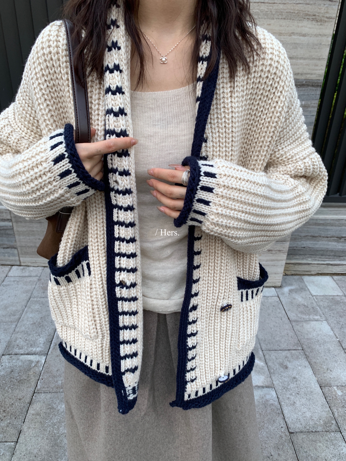 一勺甜 hers复古撞色粗织厚实保暖毛衣女2025秋冬针织开衫 92468