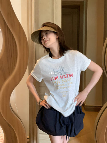 Hers小狗字母印花圆领短袖T恤女